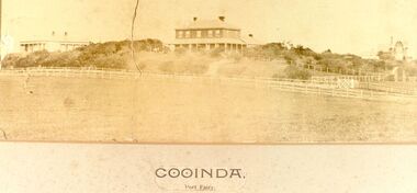 Black and white photograph of Double storied house ‘Cooinda’ flanked by two others
