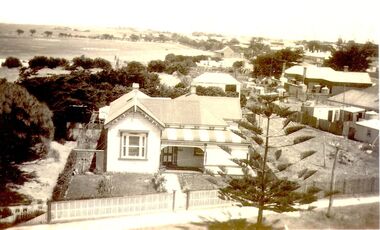 Over view of a weatherboard house showing Norfolk pine in front and in the background Southcombe park
