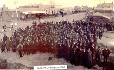 Large group of men posed  to commemorate the Farmers Convention 1901