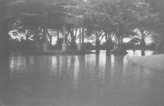 Flood water around rotunda in the gardens