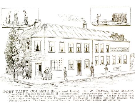 Drawing of Seacombe House as Port Fairy College with drawings in top two corners