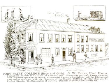 Drawing of Seacombe House as Port Fairy College with drawings in top two corners