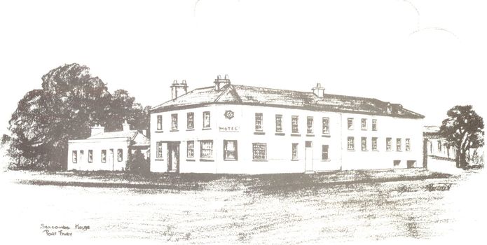 Hand drawn picture of 2 story building on a corner