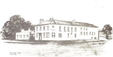 Hand drawn picture of 2 story building on a corner