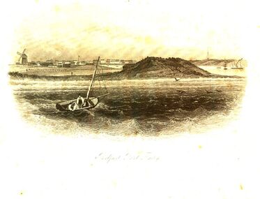 Drawing of Port Fairy Bay with small boat near Griffith island