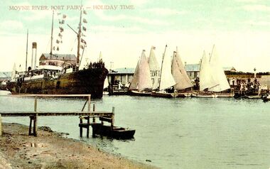 S.s.Casino flying bunting in her rigging, coming up river crowded with tourists, Couta boats in full sail at the wharf