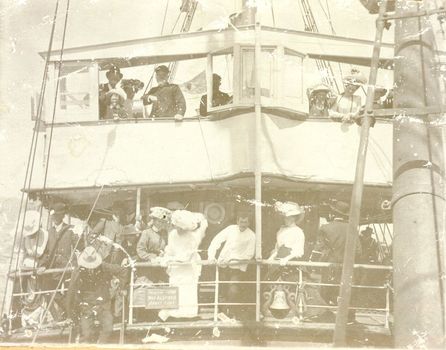 Tourists crowded on the decks of s.s.Casino during a sail around the bay for Terang day