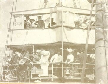 Tourists crowded on the decks of s.s.Casino during a sail around the bay for Terang day