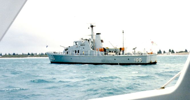 Naval ship moored in Port Fairy bay