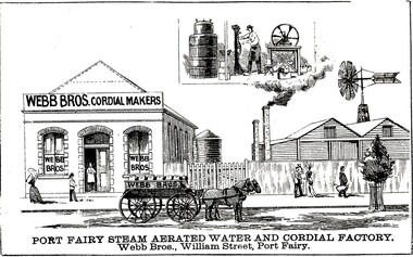 Large building of Webb Bros Cordial factory with delivery cart out front and lower wooden buildings to the left