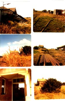 Top left-platform roof collapsed, top right, goods shed in distance, middle left, roof of station beyond dry grass, middle right,station house and good shed bottom left, door onto platform, bottom right, station side on with bush in front