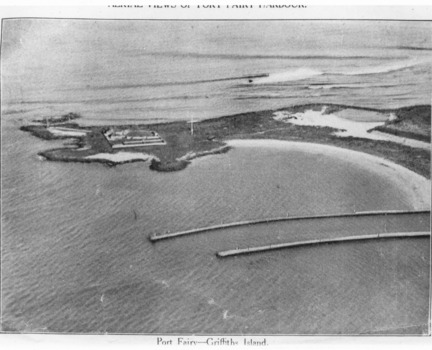Aerial view of the lighthouse complex and flagstaff on Griffith Island