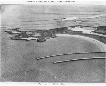 Aerial view of the lighthouse complex and flagstaff on Griffith Island