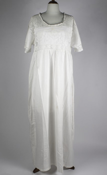 Long white cotton nightgown embroidered round necked bodice with lace