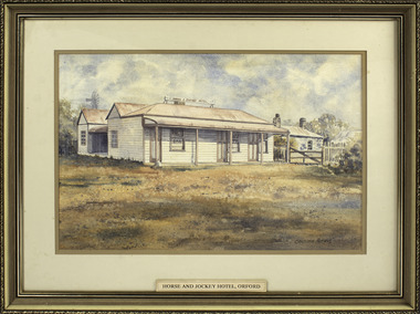 Watercolour painting of a weatherboard building with a verandah on front and a protected verandah in the middle on the left hand side