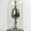 Trophy with blue ribbon attached encased in a glass bell case