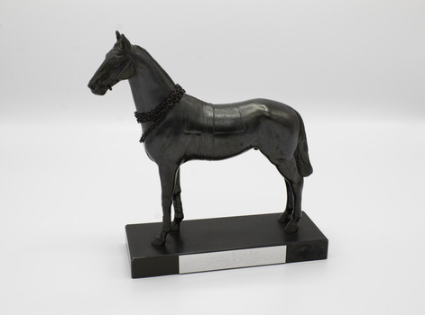 front of trophy showing plaque and chain around the neck