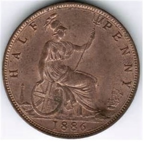 Figure (Britannia)  seated with trident in hand and ship on right side