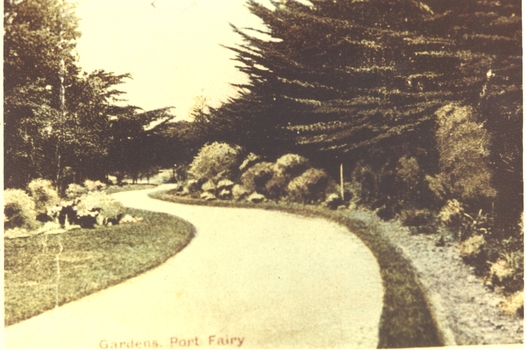 Hand painted photograph of winding path in Botanical Gardens