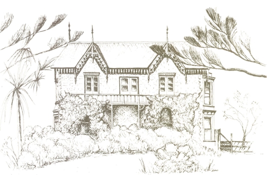 Drawing of two story grand house with bushes and ivy coveering most of the lower story