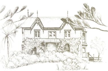 Drawing of two story grand house with bushes and ivy coveering most of the lower story