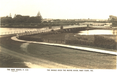 View of road bridge across river Moyne from two story house on corner of Regent and Gipps Streets