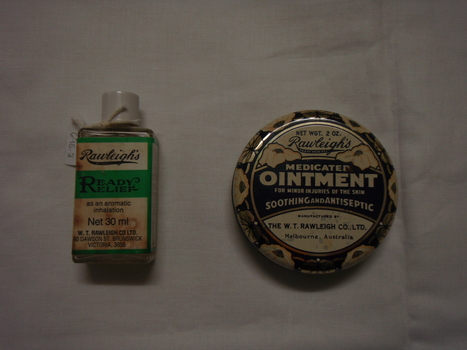 Bottle, Ready Relief with white and green label- Tin of medicated ointment with black and white label