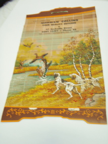A calendar painted on bamboo slats with a hunting scene in bright colours 