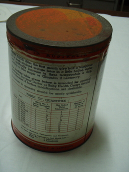 Back of milk powder tin giving a table of quantities of each type of milk powder