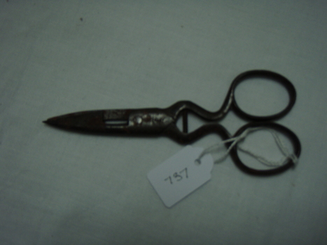 Scissors with wide blades and a brake between the two parts Showing the blades closed