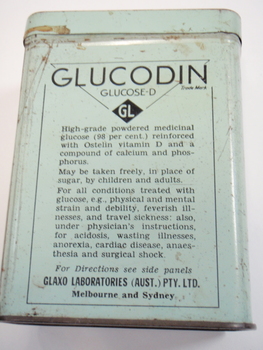 Face of grey tin for glucodin  describing its efficacy and uses and manufacturers name
