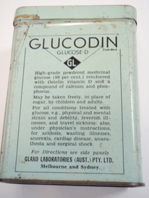 Face of grey tin for glucodin  describing its efficacy and uses and manufacturers name
