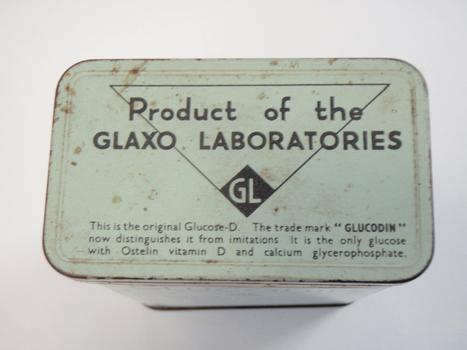 Top of tin with product of Glaxo laboratories and their trademark(s)
