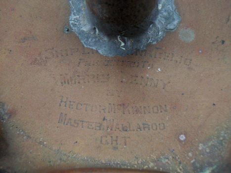 Inside edge of ashtray with inscription  ‘Ship "Lightning" Presented to Maurice Denny by Hector McKinnon Master Wallaroo GHT’.