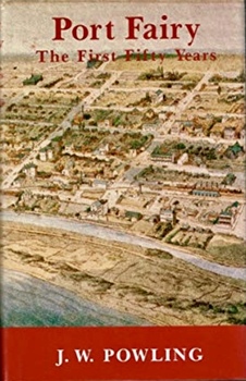Hard cover book with an aerial view in colour of Port Fairy with the sea in the foreground and a red band at the bottom for the author