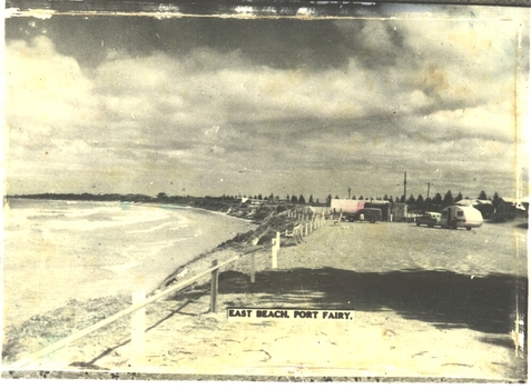 East Beach car park with tear drop caravan and car