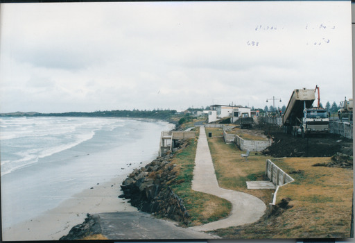 View along front of East beach public area with truck unloading soil for renovation works