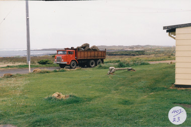 Tip truck with load of bluestone in foreground whale bone on a mound in front of house