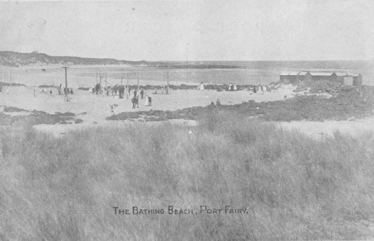 Black and white photograph of South Beach with swings and bathing boxes