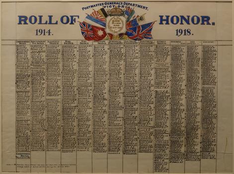 Handwritten list of names of servicemen in cursive divided into columns under a series of Allied flags.