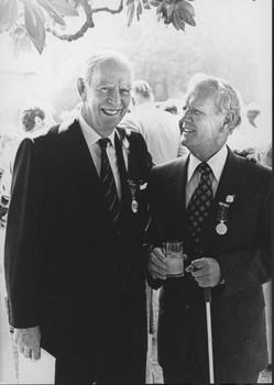 John Wicking and Arthur Wilkins wearing their Australia Day honours outside Government House