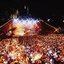 Melbourne city skyline at night with Myer Music Bowl and crowds