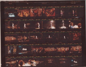 Colour photograph of 5 negative strips of performers and audience members