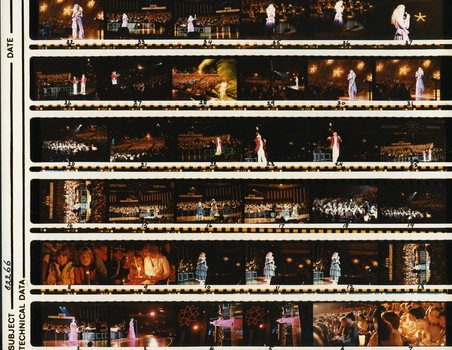 Printed negatives of images taken of performers and the audience