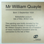 Plastic square with date and birthplace of Quayle and description of Manx Society