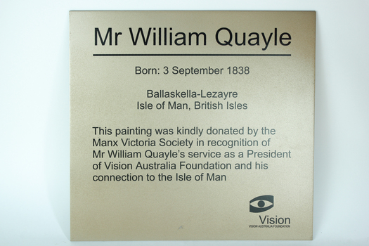 Plastic square with date and birthplace of Quayle and description of Manx Society