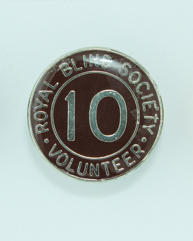 Round badges with '10' on burgundy background