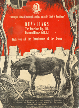 Illustration of donkey eating hay outside city walls and Christmas message from Dunklings