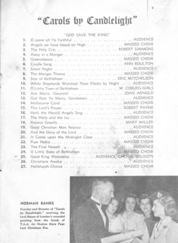Order of Carols and singers, and photograph of Norman Banks with TAA hostesses