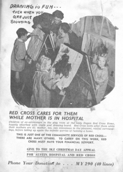 Children wearing smocks and painting on easels with plea to help appeal for Austin Hospital and Red Cross